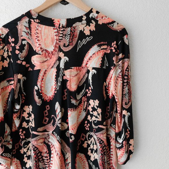 Honeyme Blouse Size Medium Black Pink Paisley Floral Print Tunic Top Made in USA - Picture 7 of 7